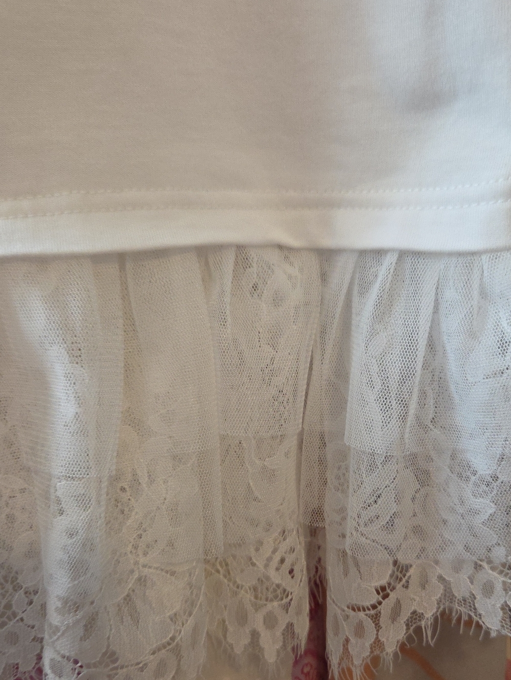White Short Sleeve Tee with Lace Hem and Rhinestone Bow Accent - Picture 5 of 10